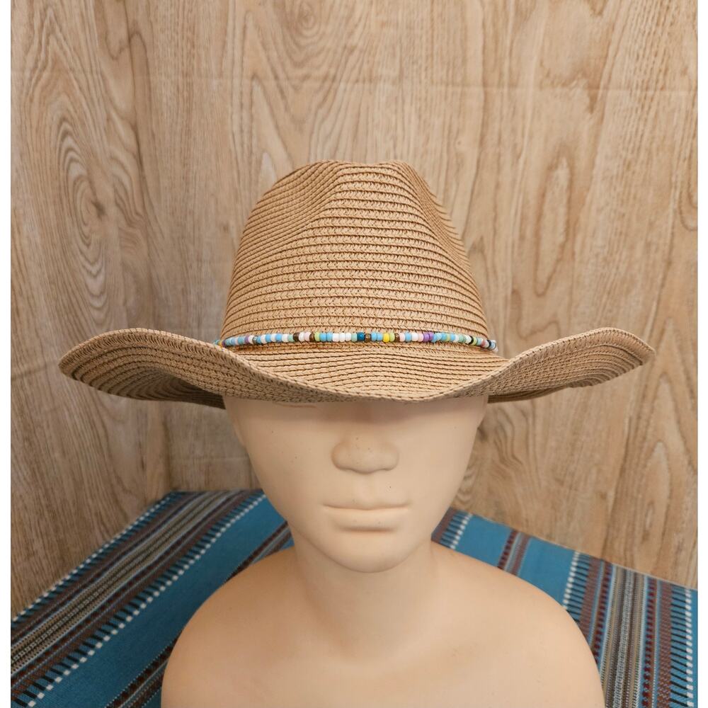 NEW Vacation Beaded Cowboy Cowgirl Hat Light Brown Bendable Straw Western